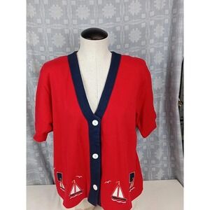 Vintage Old Dell Designs Sailboat Blouse Short Sleeve Button Up Womens Small Top